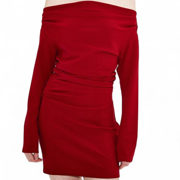 H&M Dark Red Mini Draped Off Shoulder Long Sleeve Dress Small - Picture 1 of 7